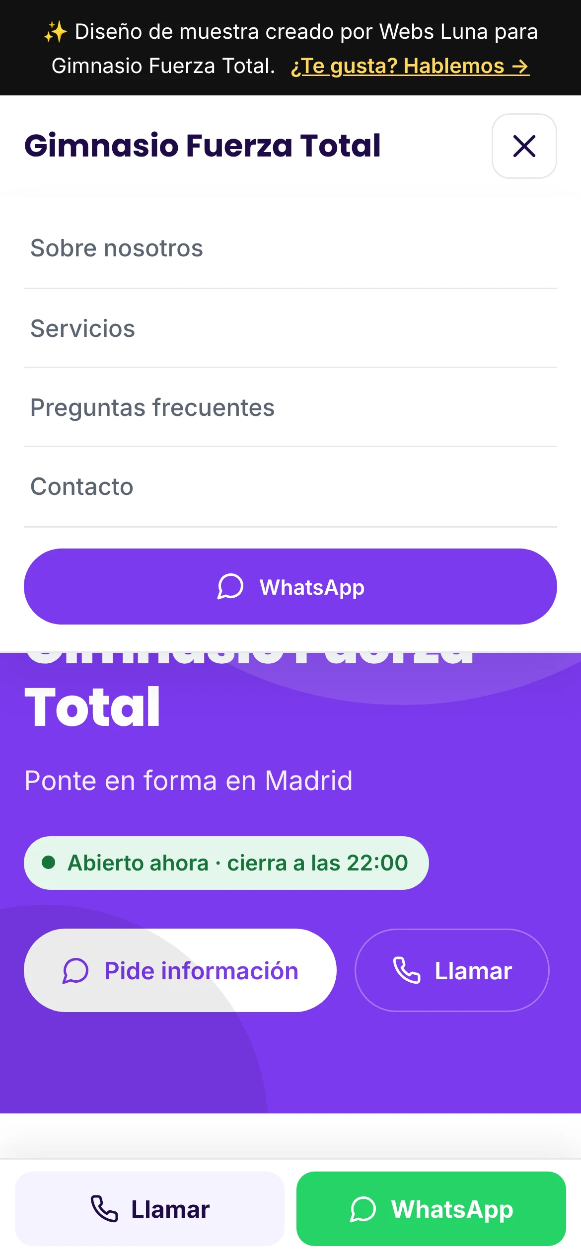 Menú de una web demo en el móvil