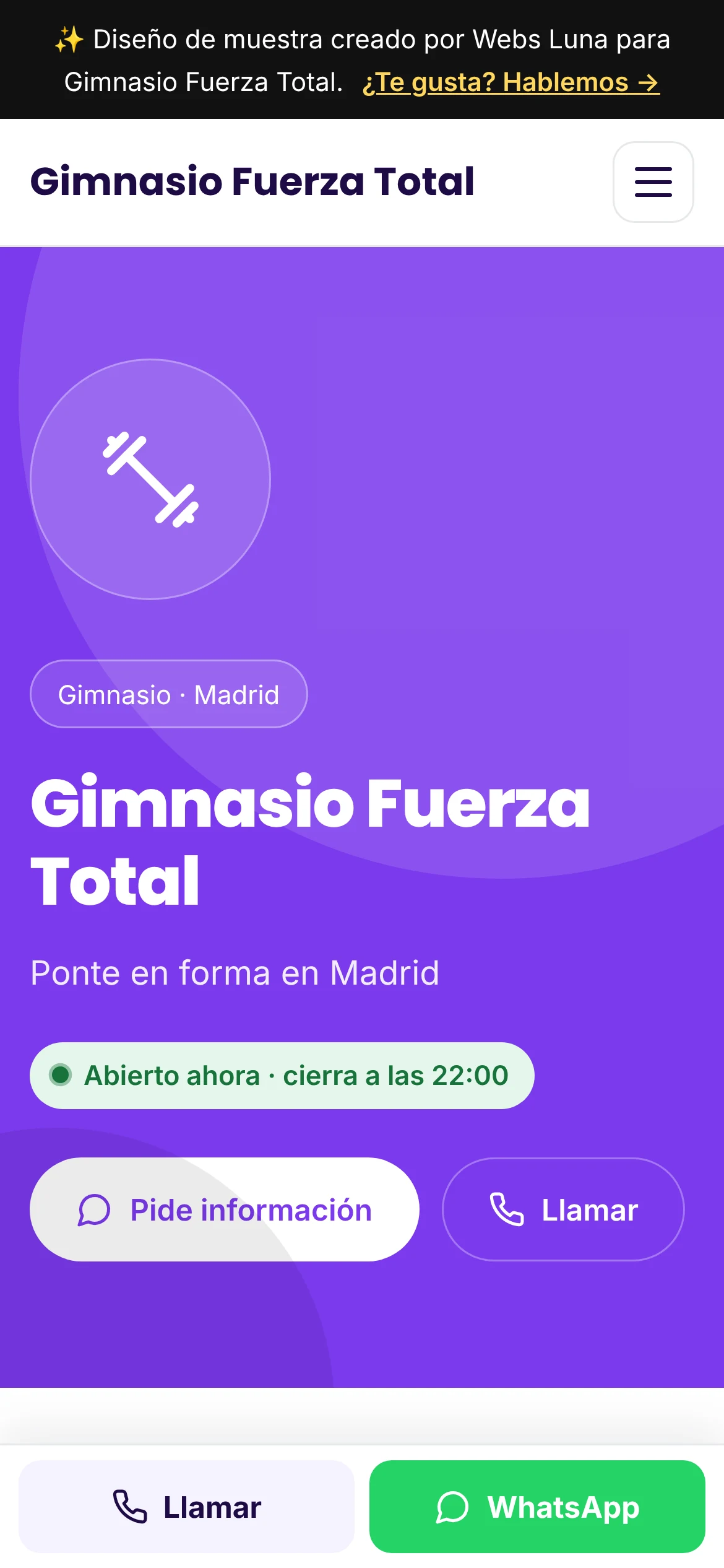 Web demo de un gimnasio vista en el móvil